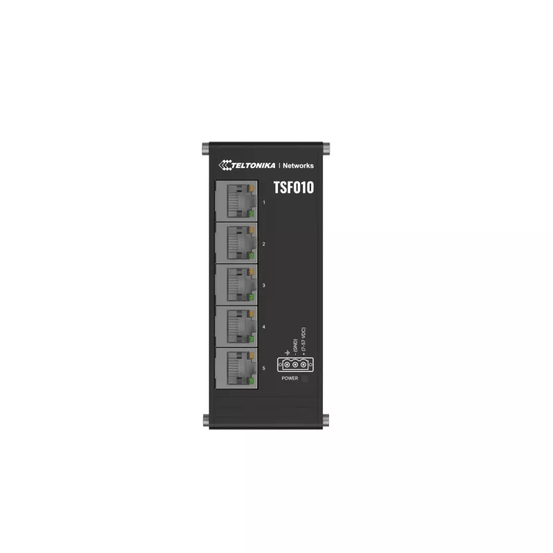 Teltonika NETWORKS TSF010 plokščiasis Ethernet jungiklis, nevaldomas Fast Ethernet (10/100), DIN bėgelis, juodas