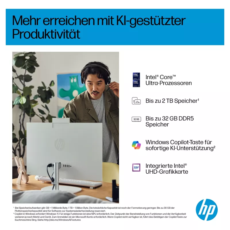 HP AI 27-cr2275ng - Viskas viename (Komplektinis sprendimas) - Core Ultra 7 255U - RAM 16 GB - SSD 512 GB NVMe - Intel Graphics - 1GbE, Bluetooth 5.3, Wi-Fi 6 - WLAN: 802.11a/b/g/n/ac/ax