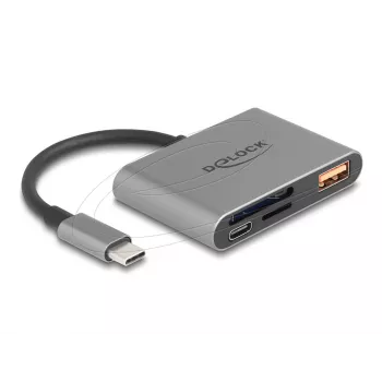 Delock 91016 USB-C kortelių skaitytuvas SD ir microSD kortelėms su USB-A prievadu ir USB-C PD