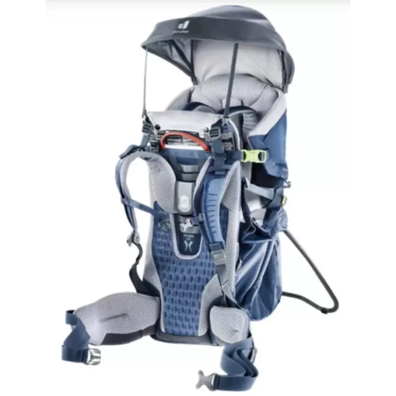 Kūdikio nešimo kuprinė DEUTER Kid Comfort Active – mėlyna, poliamidas, iki 22 kg, saulės stogelis, kojų atrama, VariQuick, Lite Air