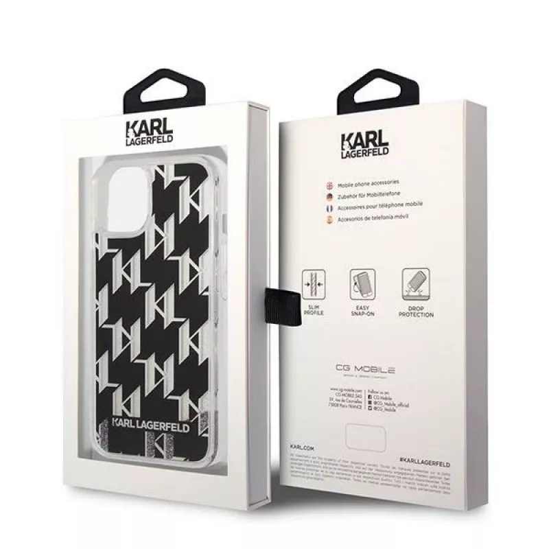 Karl Lagerfeld KLHCP14MLMNMK kietas dėklas, skirtas iPhone 14 Plus 6,7 inch, juodas/juodas Liquid Glitter Monogram