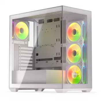 Kompiuterio korpusas KRUX Exo RGB White – ATX bokštas, plienas, 2x3.5 colio + 2x2.5 colio vietos, USB-C, RGB