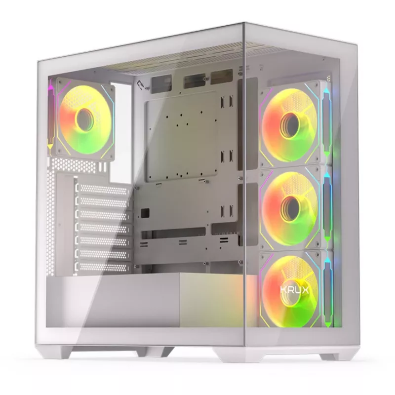 Kompiuterio korpusas KRUX Exo RGB White – ATX bokštas, plienas, 2x3.5 colio + 2x2.5 colio vietos, USB-C, RGB