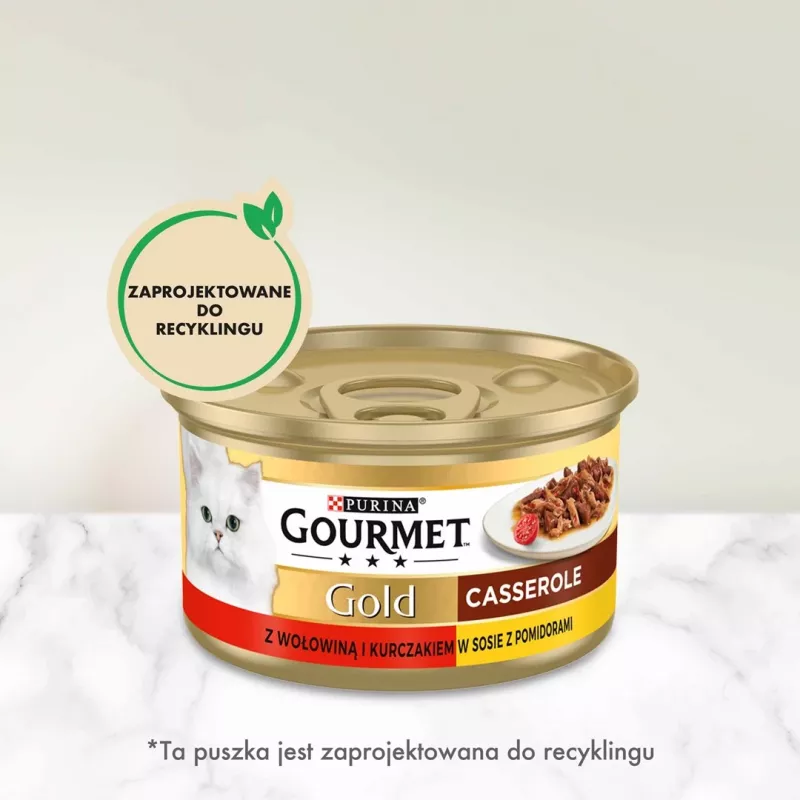 Šlapias kačių ėdalas Gourmet (Purina) Gold 85 g – suaugusioms katėms, jautiena ir vištiena