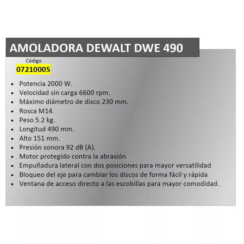 Kampinis šlifuoklis DeWALT DWR490 – 2200 W, 230 mm diskas, 6600 aps./min., 5,2 kg