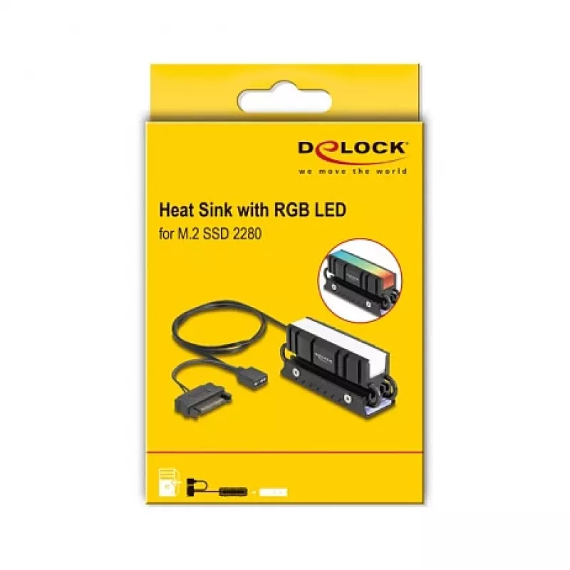 Aušintuvas DELOCK 18460 M.2 SSD 2280 — Aliuminis/Varis, RGB 5V, Juodas