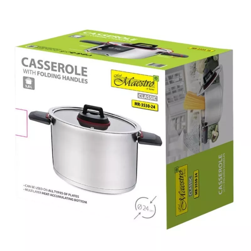 Puodas Maestro MR-3530-24 nerūdijančio plieno 24 cm, 5,5 l, sulankstomos rankenos, stiklinis dangtis