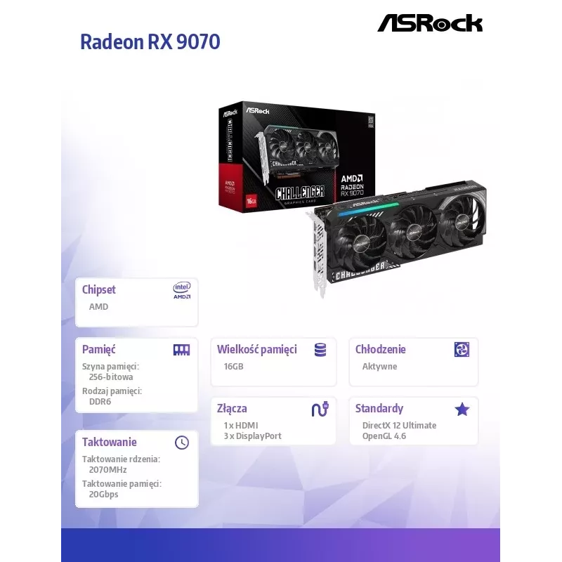 Vaizdo plokštė ASRock Challenger Radeon RX 9070 – 16 GB GDDR6, 256 bitų, PCIe 5.0, 3x DisplayPort 2.1a + HDMI 2.1b