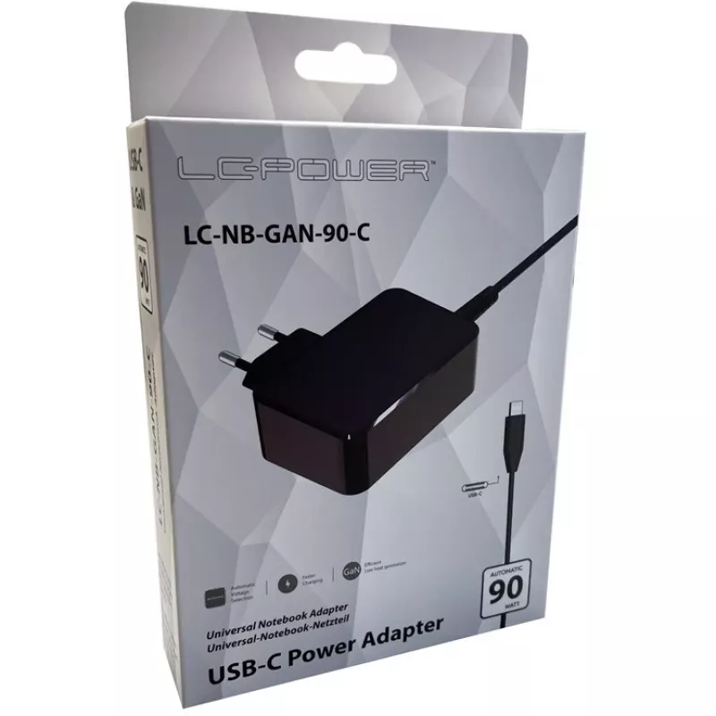 LC-Power LC-NB-GAN-90-C 90W USB-C nešiojamojo kompiuterio įkroviklis (juodas, patalpoms)