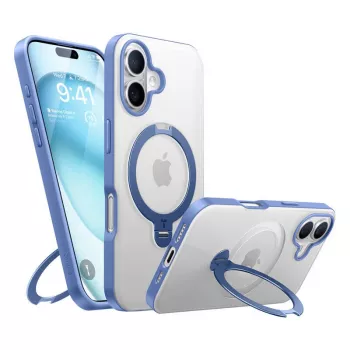 Apsauginis dėklas Torras Ostand Spin iPhone 16 – Mėlynas, plonas, su laikymo žiedu ir stovu