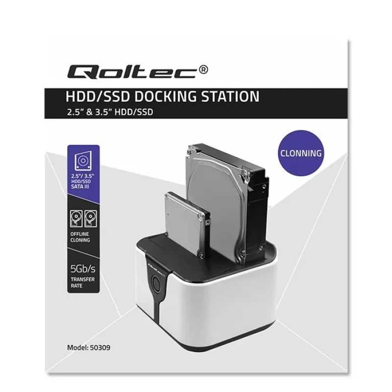 Qoltec 50309 dokų stotis HDD SSD 2.5 3.5 | SATA III | USB 3.0 | Super sparta 5 Gb/s | su klonavimo funkcija