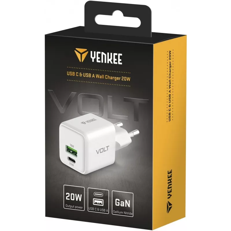 USB C/A sieninis įkroviklis YENKEE YAC G38 20W 3A Power Delivery (USB‑C ir USB‑A)