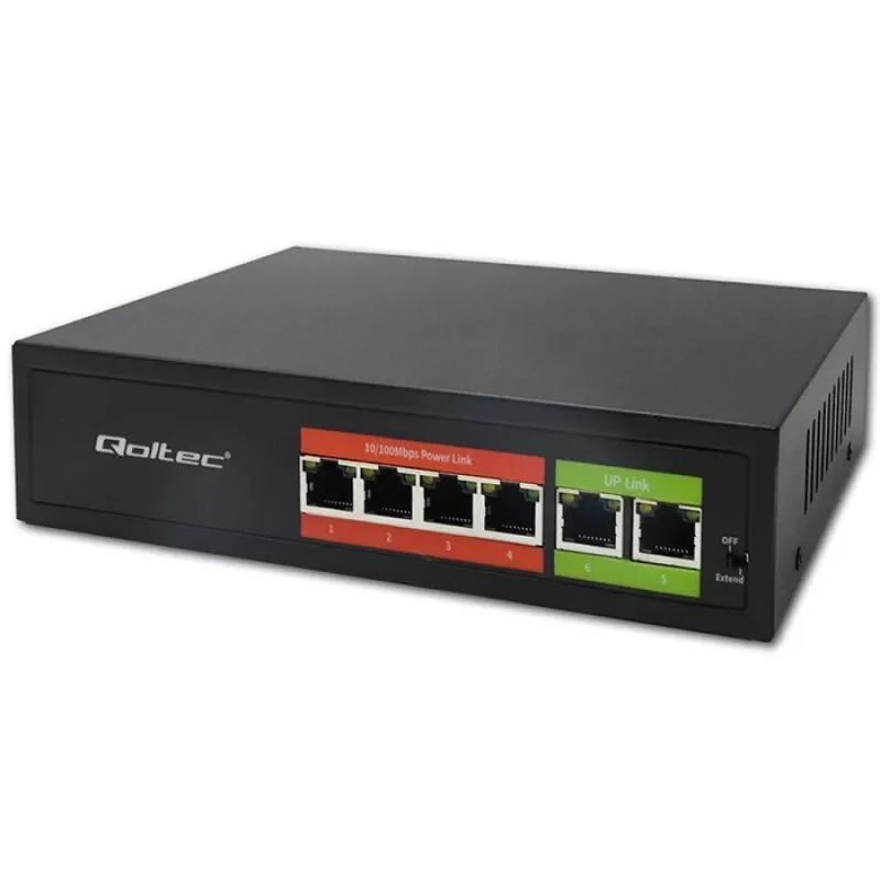 Eterneto PoE jungiklis QOLTEC 52289 — 4x RJ45 PoE prievadai, 2x RJ45 jungtis, 65W galios biudžetas