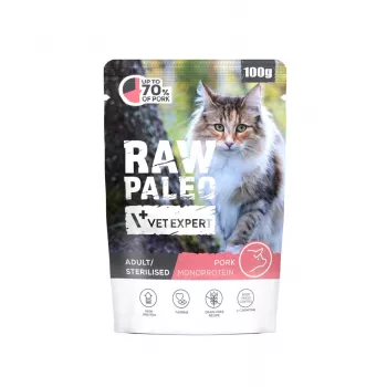 Šlapias kačių maistas VETEXPERT Raw Paleo Adult Sterilised Pork 100 g – visavertė žaliavinė dieta sterilizuotoms suaugusioms katėms