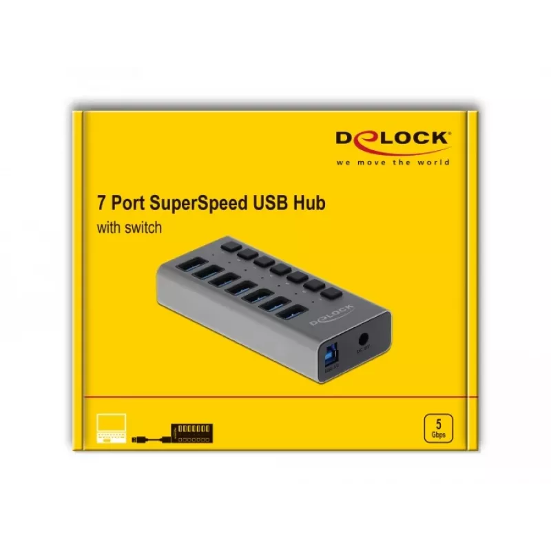 Delock DELOCK-63669 USB 3.2 skirstytuvas 7 prievadų, pilkas aliuminis