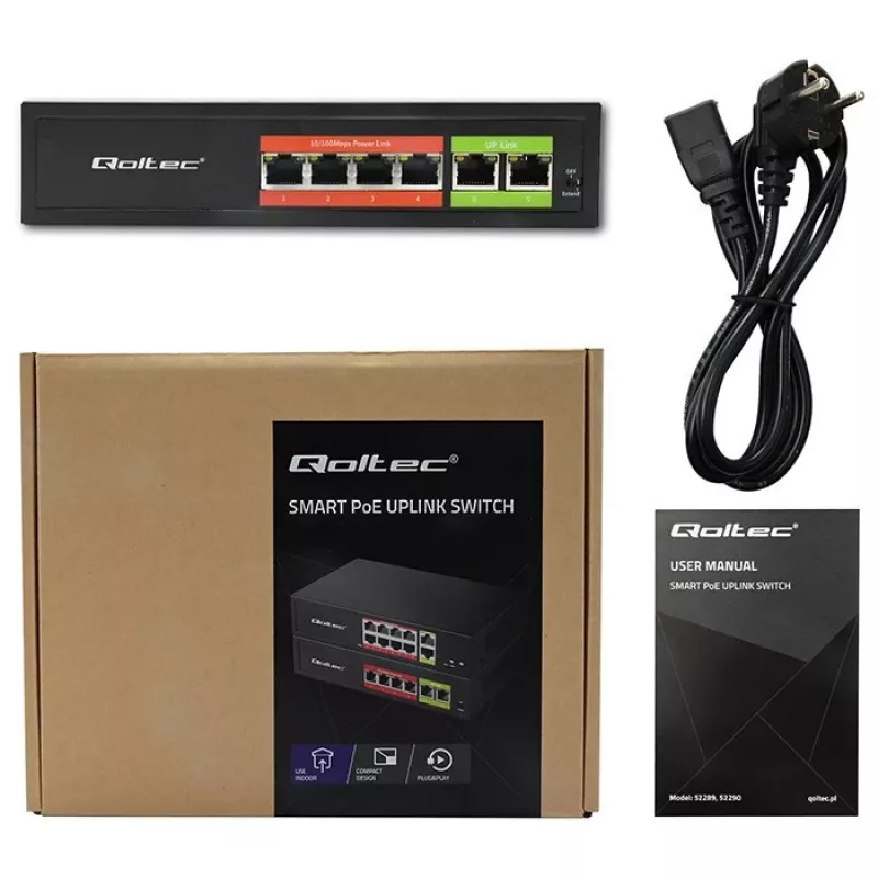 Eterneto PoE jungiklis QOLTEC 52289 — 4x RJ45 PoE prievadai, 2x RJ45 jungtis, 65W galios biudžetas