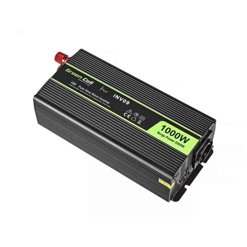 Green Cell INV09 automobilinis keitiklis 12V į 230V 1000W grynas sinusas juodas
