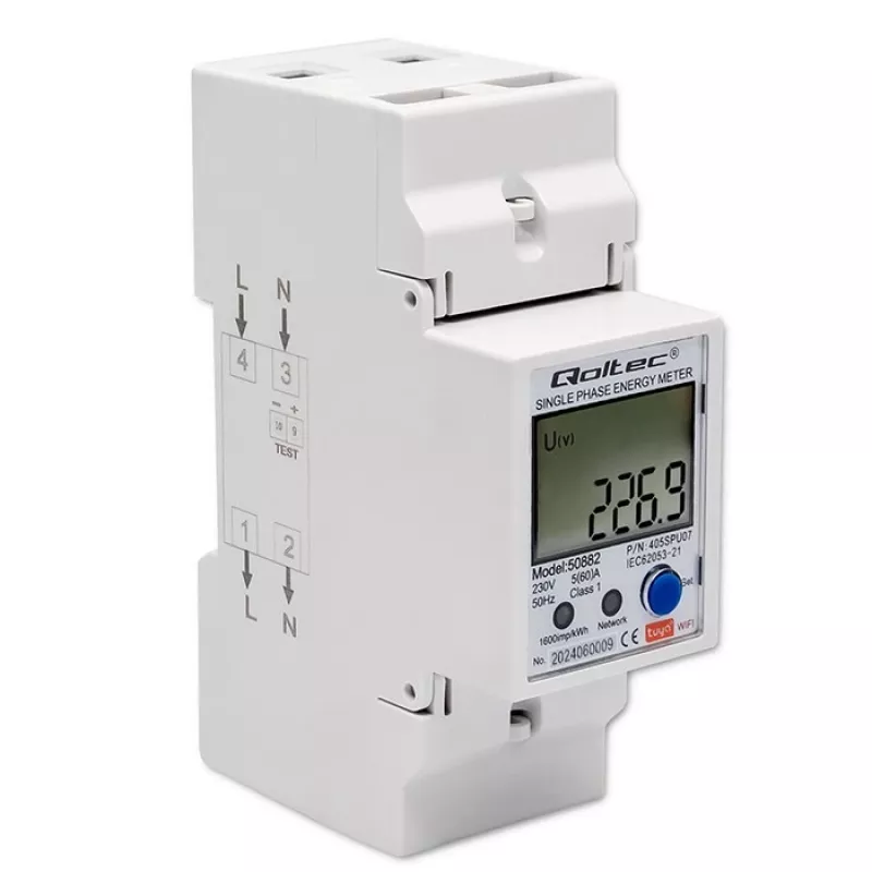 Qoltec 50882 Vienfazis elektroninis elektros energijos skaitiklis DIN bėgiui | Wi-Fi | TUYA | 230V | LCD