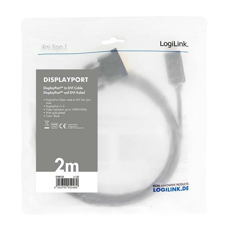 Kabelis vaizdo adapteris LogiLink CV0131 2m DisplayPort DVI juodas