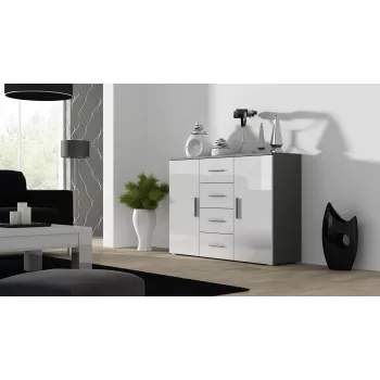 Sideboard Cama Meble UNI pilkos/baltos spalvos blizgesys, 2 durys, 2 lentynos, 1320×380×920 mm