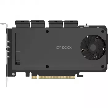 „Icy Dock MB204MP-1B“ – mobilaus stovo adapterio kortelė, 4 × M.2 NVMe SSD karštojo keitimo dėklas