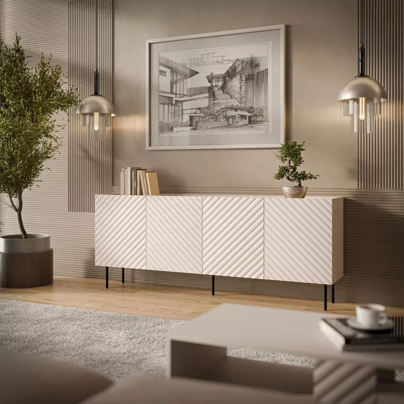 Komoda Cama Meble LUCCA 4D – 200 x 40 x 80 cm, kašmyro spalvos, medžio drožlių plokštė