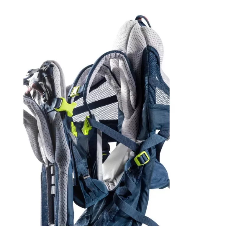 Kūdikio nešimo kuprinė DEUTER Kid Comfort Active – mėlyna, poliamidas, iki 22 kg, saulės stogelis, kojų atrama, VariQuick, Lite Air