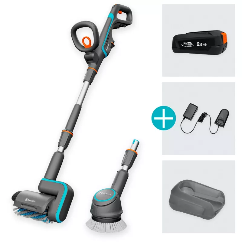 Akumuliatorinis šluotvarkis AquaBrush Universal 18V P4A, kietų grindų valiklis Pilka/turquoise, Li-Ion akumuliatorius 2,5Ah P4A, POWER FOR ALL ALLIANCE