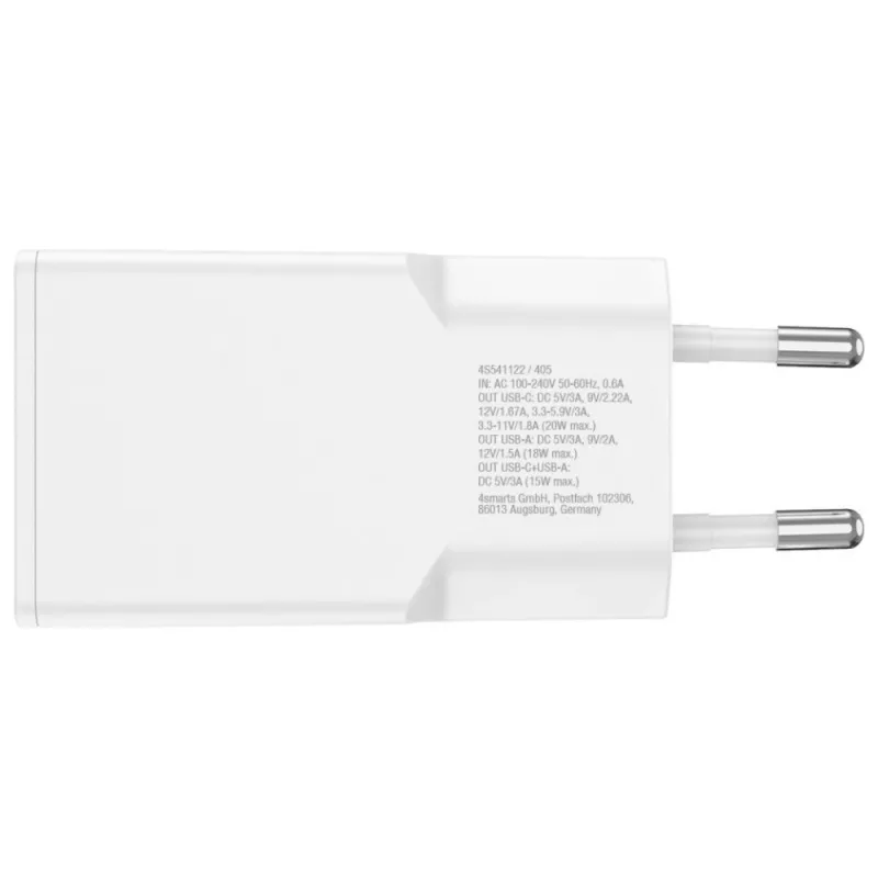 Kintamosios srovės patalpų mobiliojo įrenginio įkroviklis 4smarts 541509 — 100–240V, USB-A + USB-C, 1.5 m laidas, greitas įkrovimas, baltas