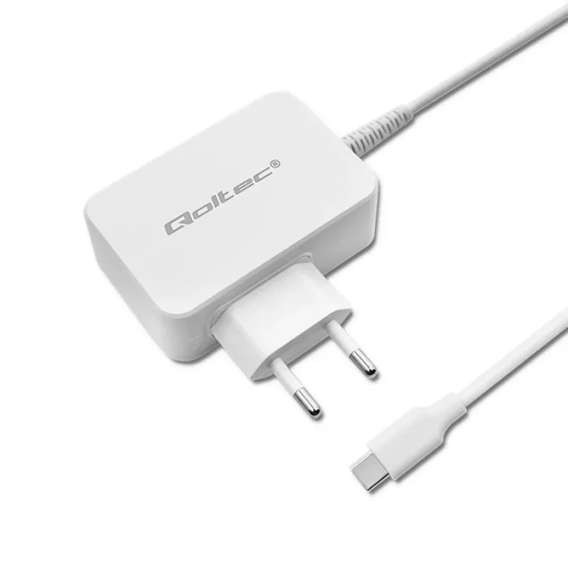 Qoltec 51039 65 W USB-C PD maitinimo adapteris, 5–20,3 V, 2–3,25 A, integruotas USB-C laidas, baltas