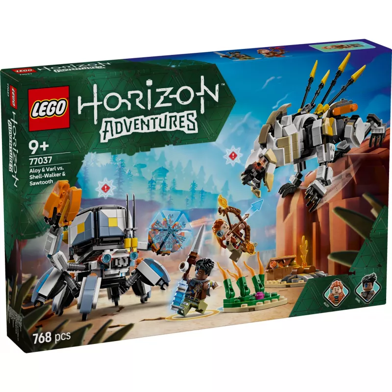 LEGO rinkinys Horizon Adventures 77037 – Aloy ir Varl prieš Šarvojėją ir Dantytį, 768 dalių, 2 minifigūrėlės