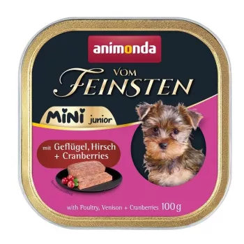 Šlapias šunų ėdalas animonda Vom Feinsten Mini Junior – Paukštiena ir elniena su spanguolėmis, 100 g