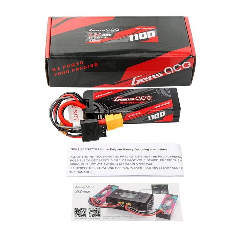 Lipo baterija Gens ace G-Tech 1100mAh 11.1V 3S1P 60C GRP-76 kietu korpusu su XT60 kištuku