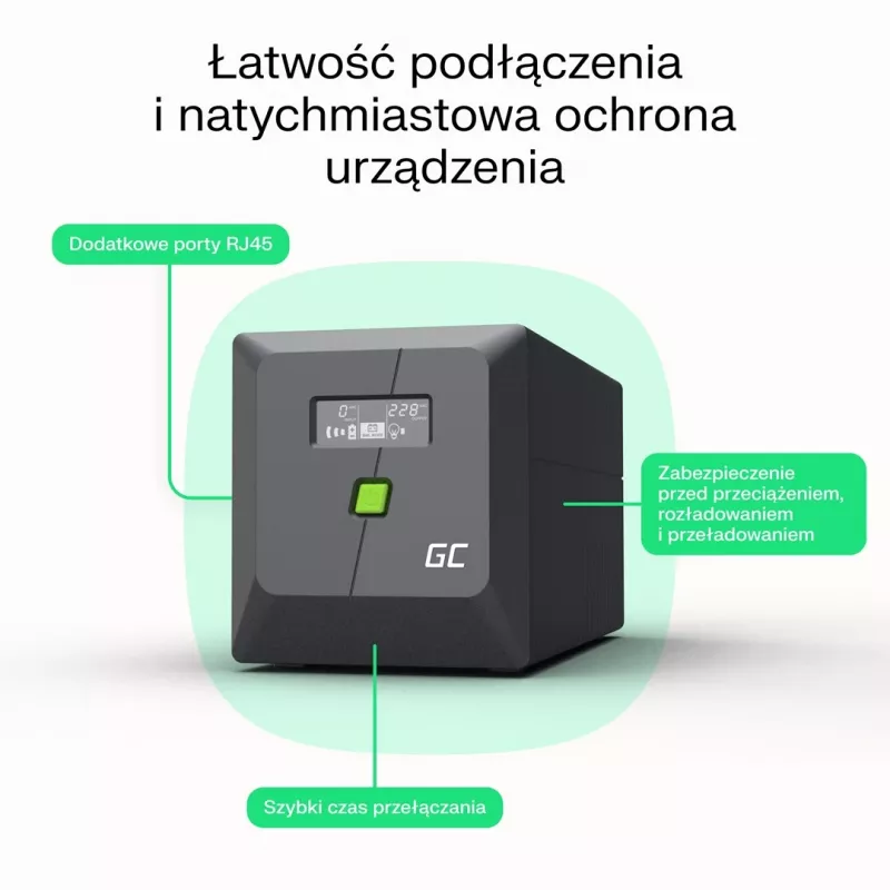 Nepertraukiamo maitinimo šaltinis Green Cell UPSLP480 0,75 kVA (480 W) 4 AC lizdai, 2×12 V 7 Ah VRLA, bokštinis, AVR
