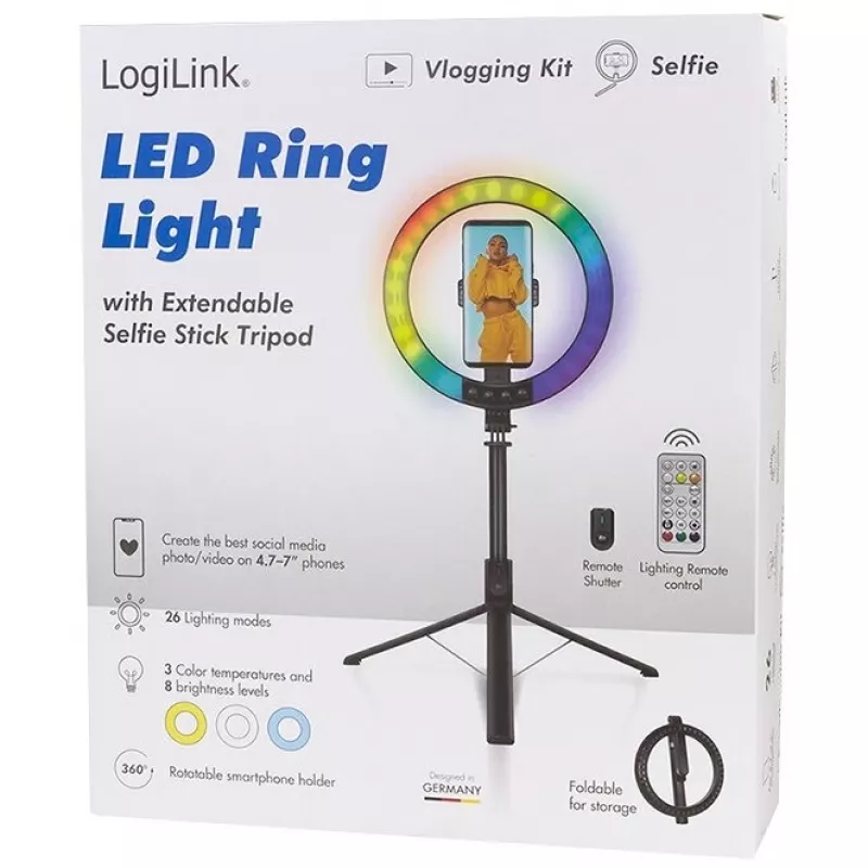 LogiLink išmaniojo telefono žiedinė šviesa su selfie lazda ir trikoju, 20 cm (AA0156)
