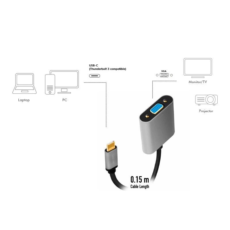 USB Type-C į VGA (D-Sub) vaizdo adapterio kabelis LOGILINK CUA0104 0,15 m, pilkai juodas