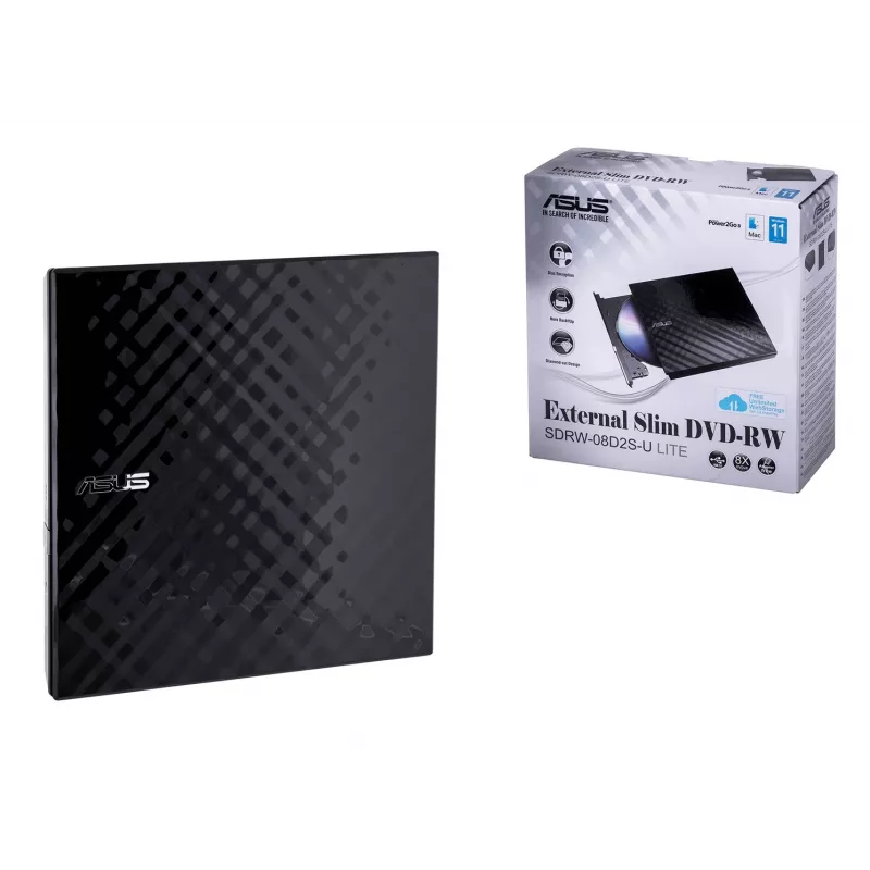 Išorinis DVD±RW optinis įrenginys ASUS SDRW-08D2S-U Lite, USB 2.0, juodas, 24x CD / 8x DVD, 142×142×20 mm