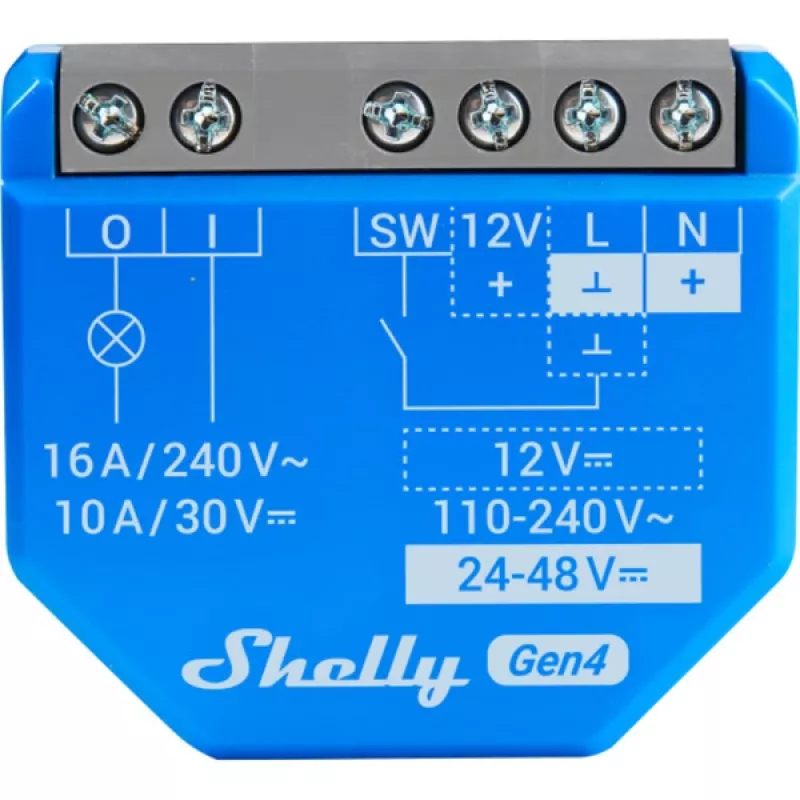Išmanusis jungiklis Shelly 1 Gen4, belaidis, 240 V AC, Bluetooth 5.0/Wi‑Fi/ZigBee, plastikinis korpusas, 42×16×37 mm, 2 vnt. pakuotė