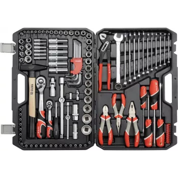 Mechaniko įrankių rinkinys YATO YT-38901 – 122 vnt., su lizdais 12–32 mm, reketu, prailginimais, atsuktuvais, plaktuku, replėmis, chromuota apdaila