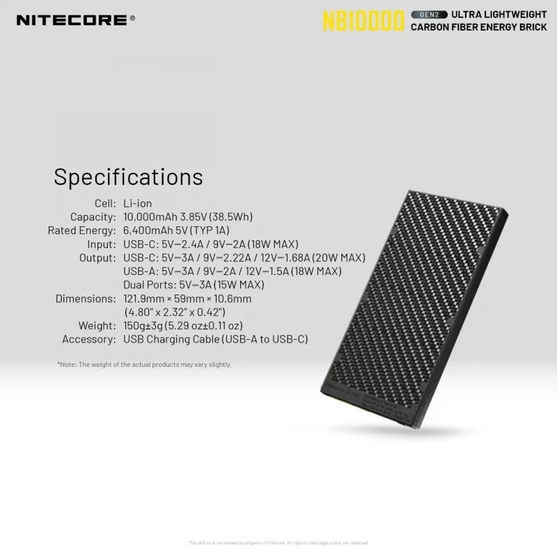 Nešiojamas power bank Nitecore NB10000 — 10000 mAh, USB‑A + USB‑C, 38 W bendra galia, pilka