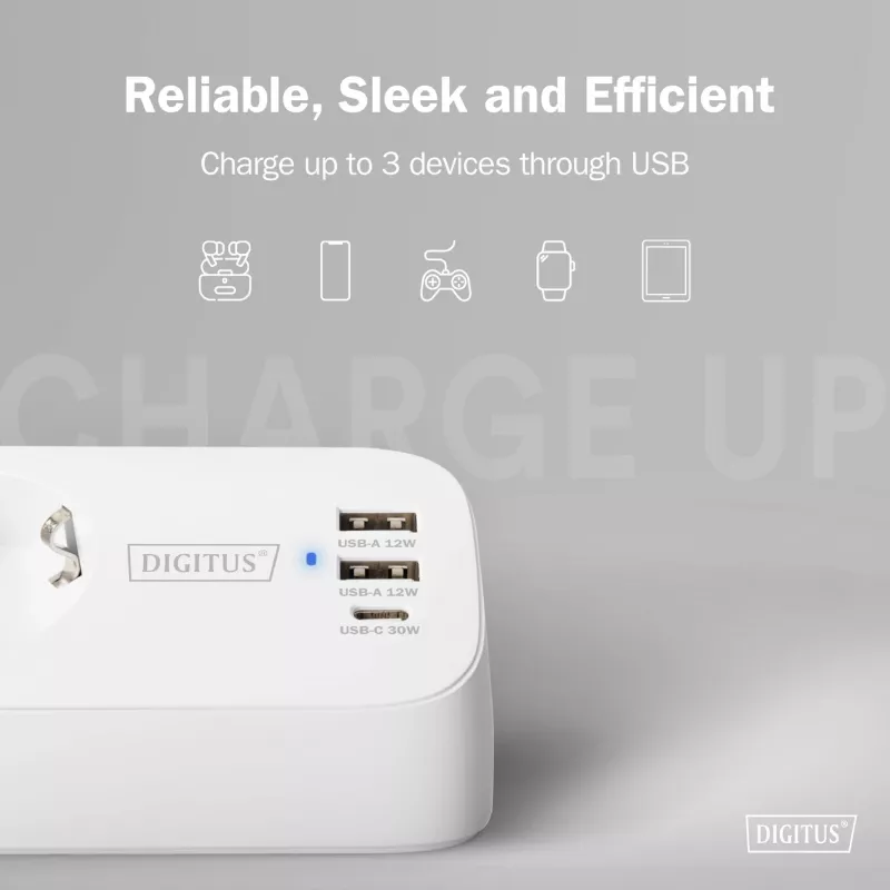 DIGITUS 3 krypčių ilgintuvas su 2×USB-A ir 1×USB-C, 3 kištukiniai lizdai E/F, 1,5 m laidas, baltas