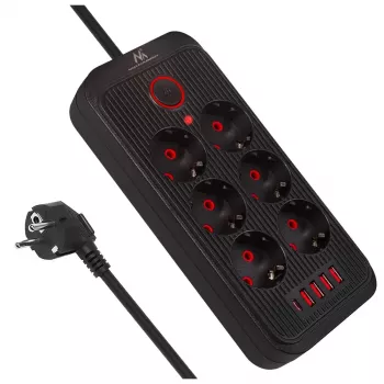 Maclean MCE391 B ilginimo lizdas – 6 kištukiniai lizdai, 4×USB-A + 1×USB-C, 110–240V, 2500W, 3 m laidas, juodas