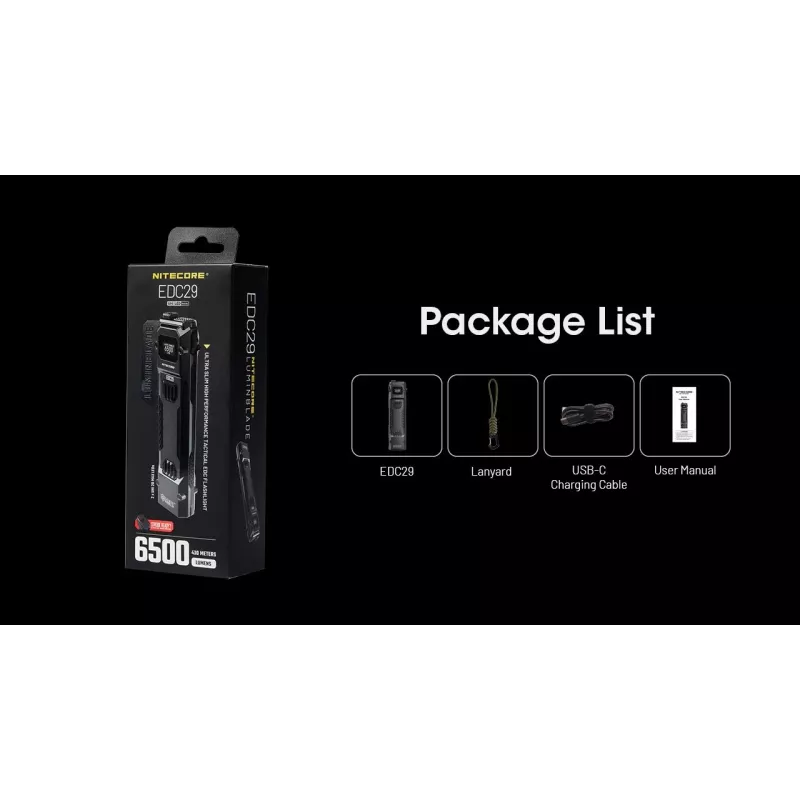 Rankinis žibintuvėlis Nitecore EDC29 nerūdijančio plieno korpusas, 2 LED, 15–6500 lm, IP54, įkraunamas per USB