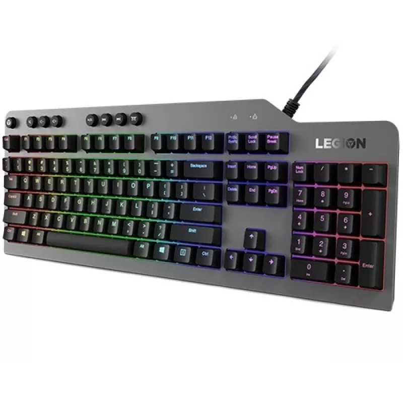Mechaninė žaidimų klaviatūra Lenovo Legion K500 — pilno dydžio 104 klavišų USB, QWERTY JAV anglų, RGB apšvietimas, pilka/juoda