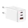 Sieninis įkroviklis Baseus GaN5 Pro 65W — USB + 2×USB-C (QC3.0, PD3.0) su 1 m USB-C laidu, baltas