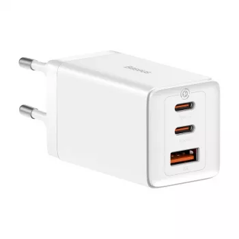 Sieninis įkroviklis Baseus GaN5 Pro 65W — USB + 2×USB-C (QC3.0, PD3.0) su 1 m USB-C laidu, baltas
