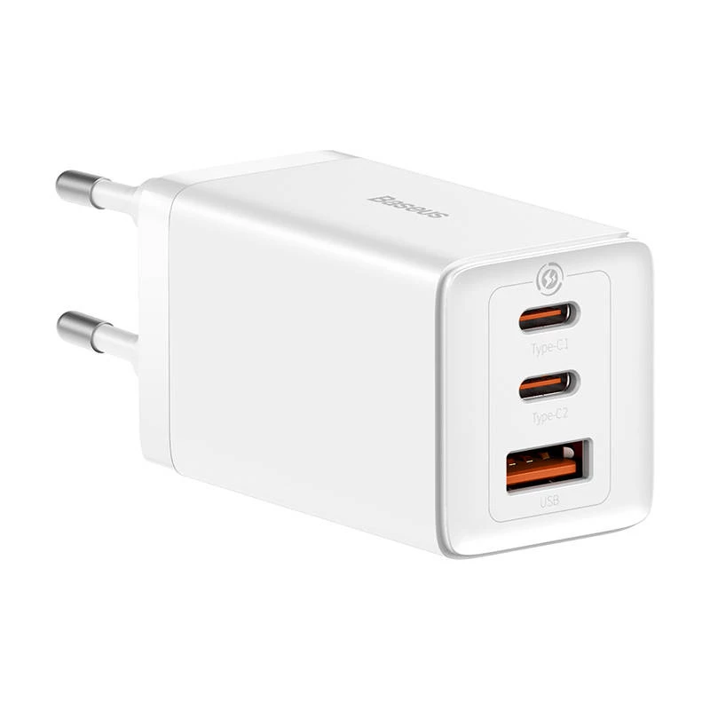 Sieninis įkroviklis Baseus GaN5 Pro 65W — USB + 2×USB-C (QC3.0, PD3.0) su 1 m USB-C laidu, baltas