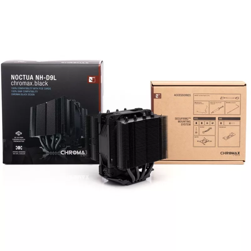 CPU aušintuvas Noctua NH-D9L CHROMAX.BLACK – 92 mm ventiliatorius, 400–2000 RPM, 22,6 dB, matmenys 95×95×110 mm, svoris 531 g