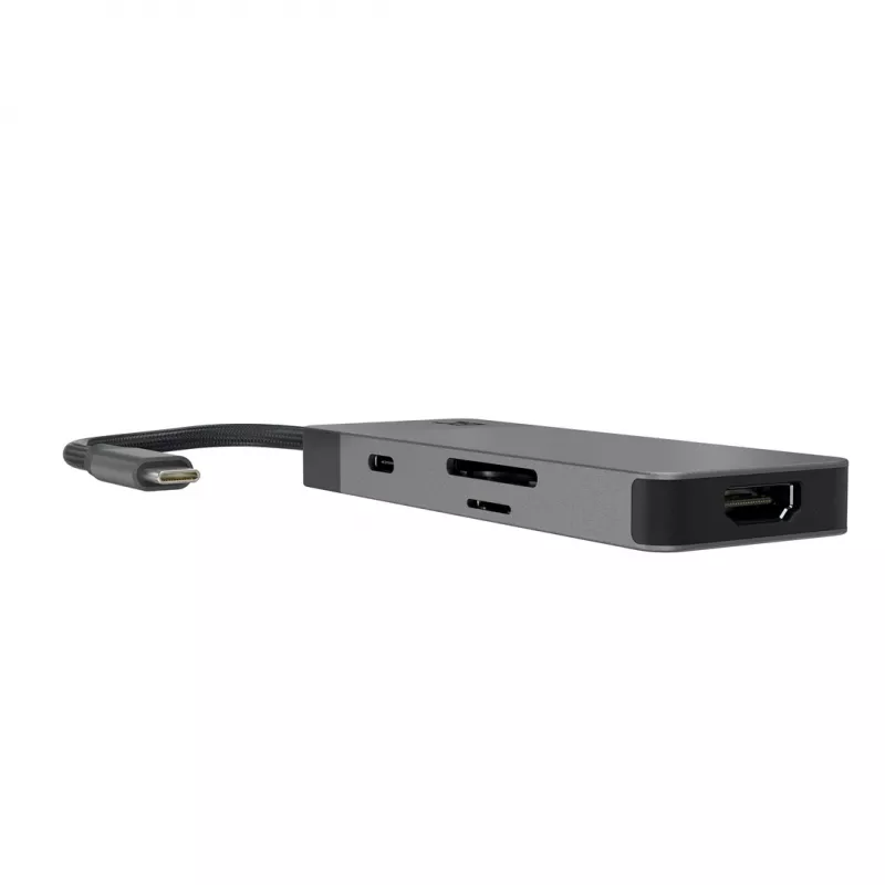 USB Type-C centrinis įrenginys Green Cell HUBGC01 — 7 prievadai: 3×USB-A 3.2 Gen 1, 1×USB-C 3.2 Gen 1, HDMI, microSD+SD kortelių skaitytuvas — sidabrinis