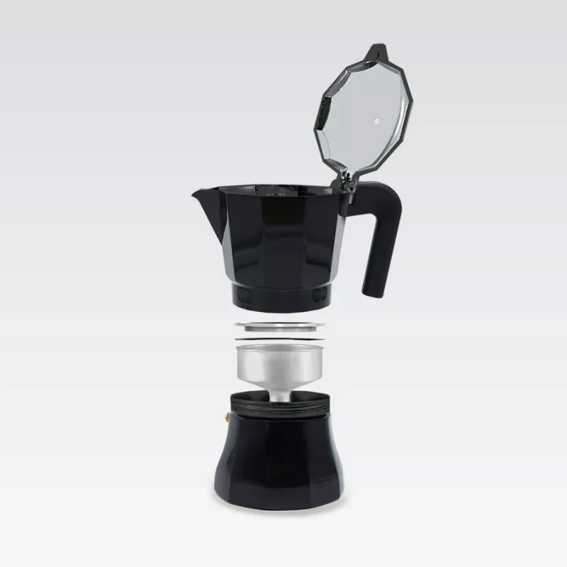 Moka kavos virimo aparatas Maestro MR-1658-3 – aliumininis kavinukas viryklei, 3 puodeliai (0,15 L), juodas, su uždedamu dangteliu